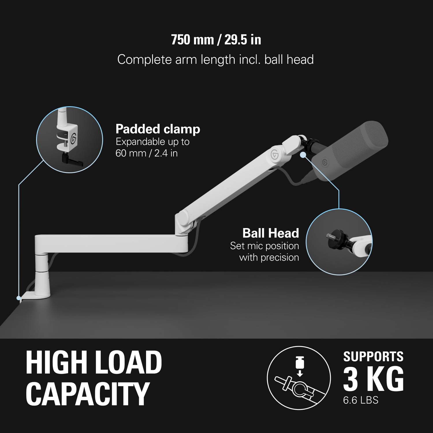 Elgato Wave Mic Arm Pro White - 360 Rotatable Low Profile Gas Spring Microphone Arm, Works Mics/Shure SM7B/HyperX QuadCast/Rode/